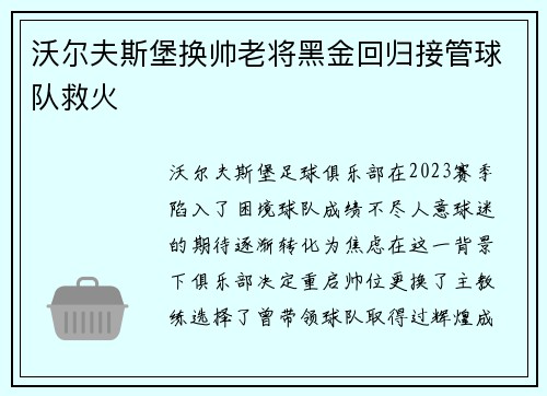 沃尔夫斯堡换帅老将黑金回归接管球队救火 沃尔夫斯堡换帅老将黑金回归接管球队救火