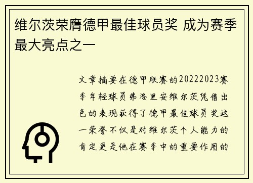 维尔茨荣膺德甲最佳球员奖 成为赛季最大亮点之一 维尔茨荣膺德甲最佳球员奖 成为赛季最大亮点之一